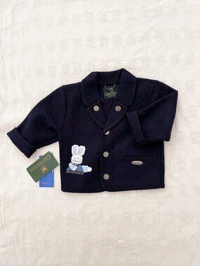 Giesswein Infant Boys Navy Wool Jacket Coat, Bunny Applique, New Vintage Size 86
